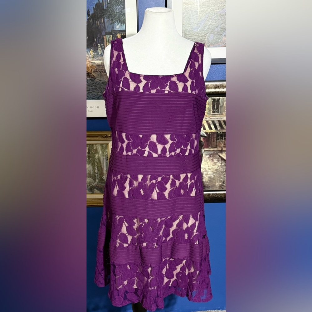 Gabby Skye Women's Elegance Purple Lace Stretch Sleeveless Midi Dress Size-18W